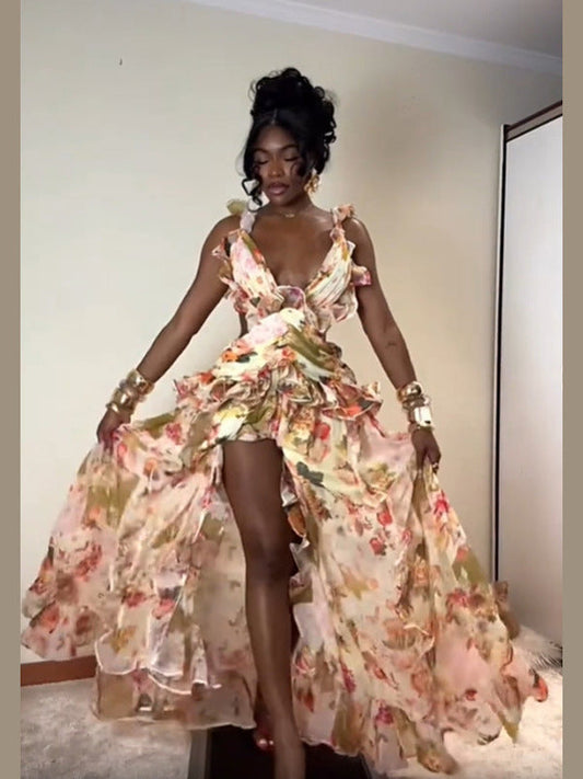 Floral Ruffled Cut - Out Maxi Dress
