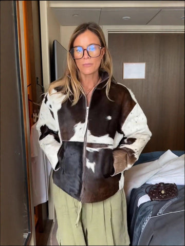 Cow Print Zip Up Jacket With Slip Pockets