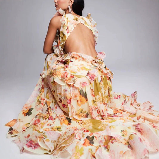 Floral Ruffled Maxi Dress with Plunge Neck