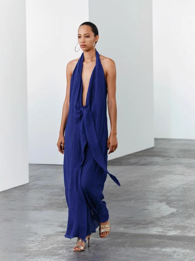 Blue Halter Neck Maxi Dress