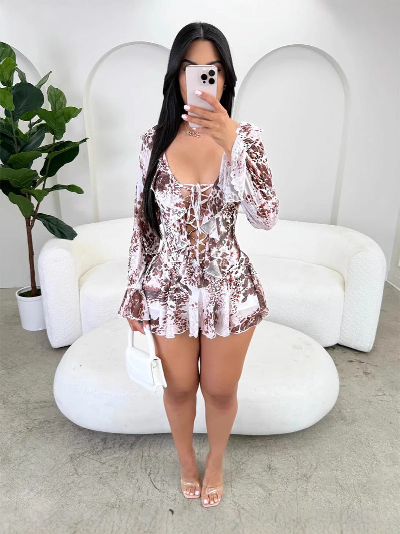 Sexy Printed Lotus Leaf Neck Tie Mesh Dress