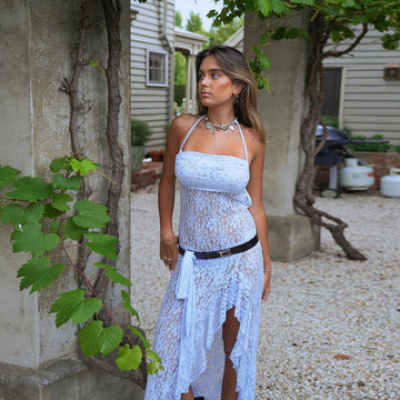 Light blue lace halterneck maxi dress