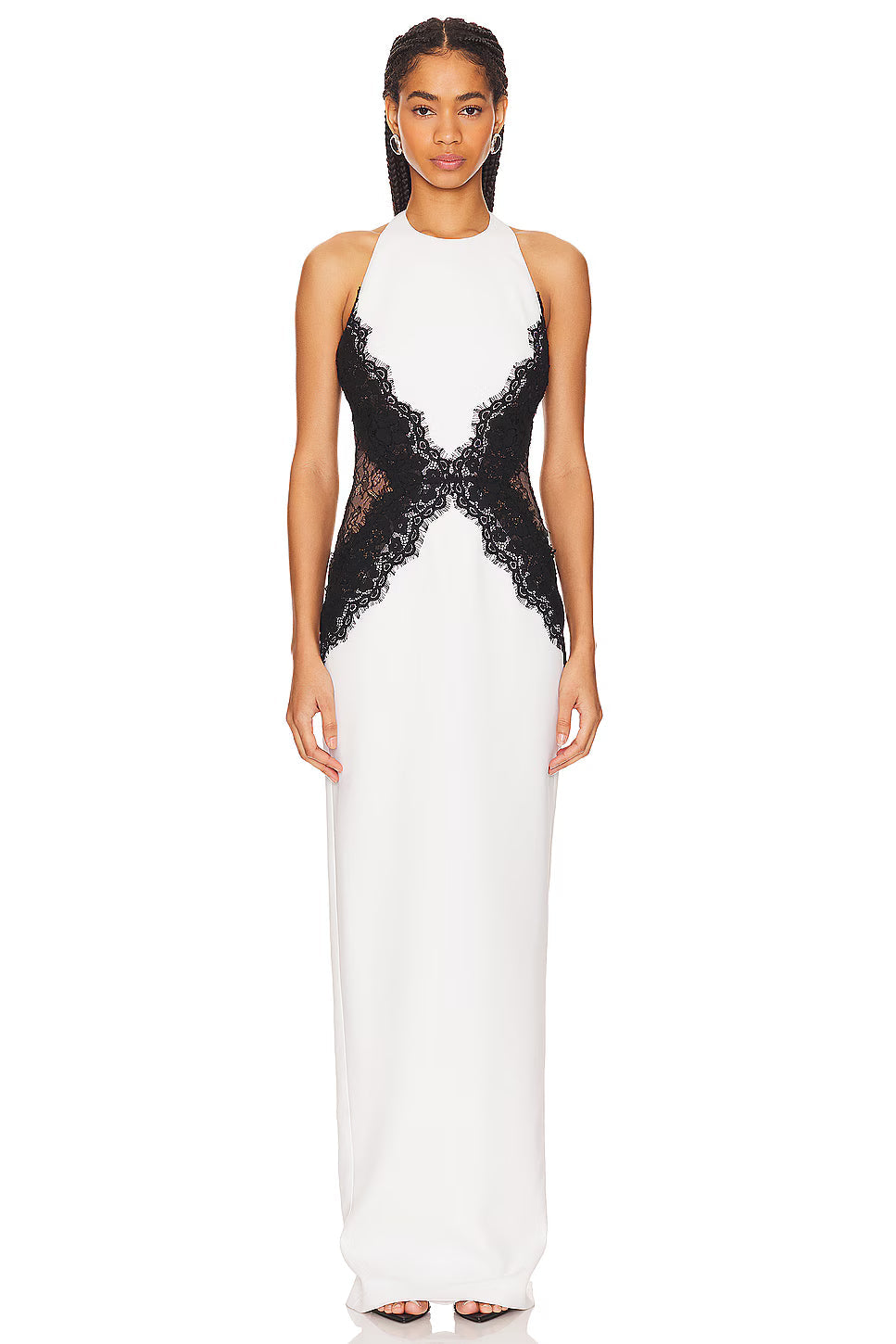 White Halter Neck Gown with Black Lace Detailing