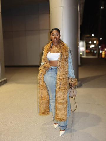 Denim Long Coat with Brown Faux Fur Trim