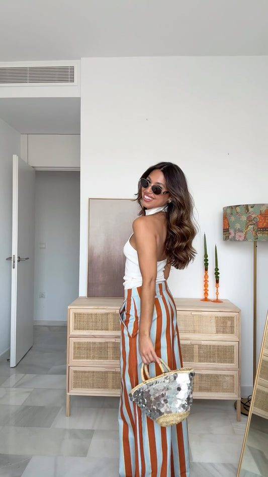 White Halter Neck Top & Striped Wide - Leg Pants Set