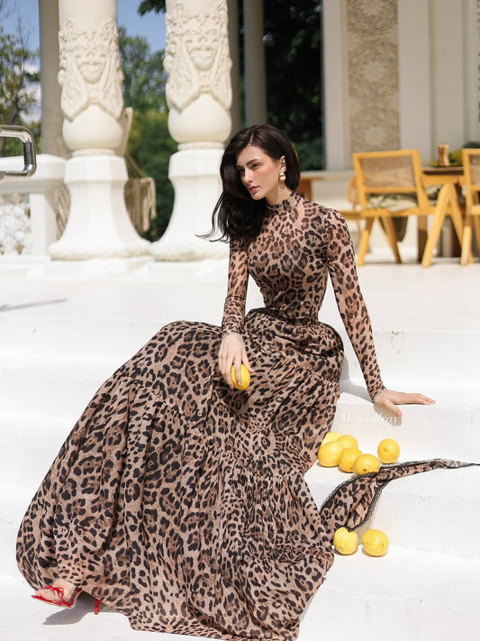 Leopard Print Puff - Sleeve Maxi Dress