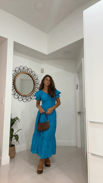 Blue Eyelet Puff - Sleeve Crop Top & Maxi Skirt Set