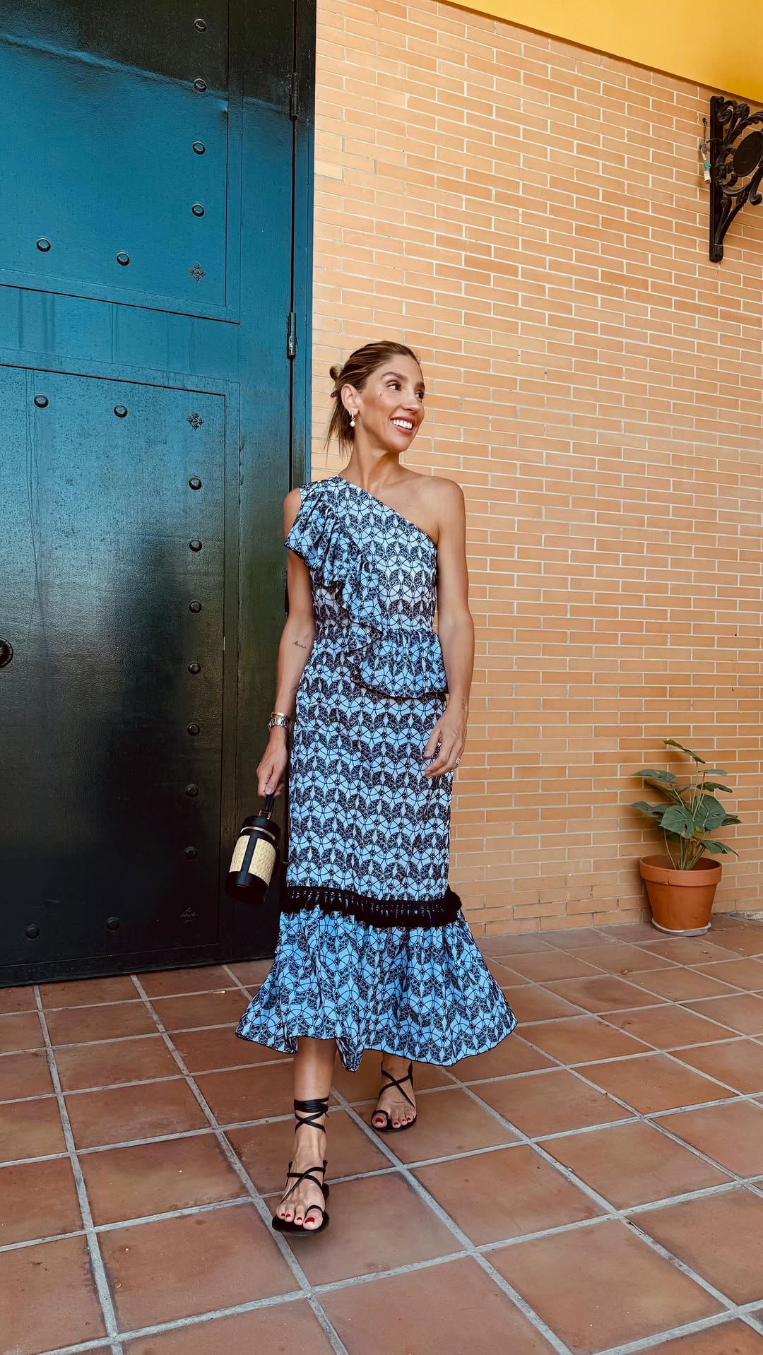 Blue One - Shoulder Ruffled Midi Dress