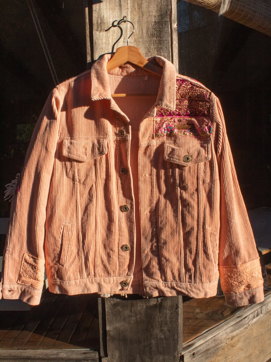 Peach - Colored Corduroy Embroidered Jacket