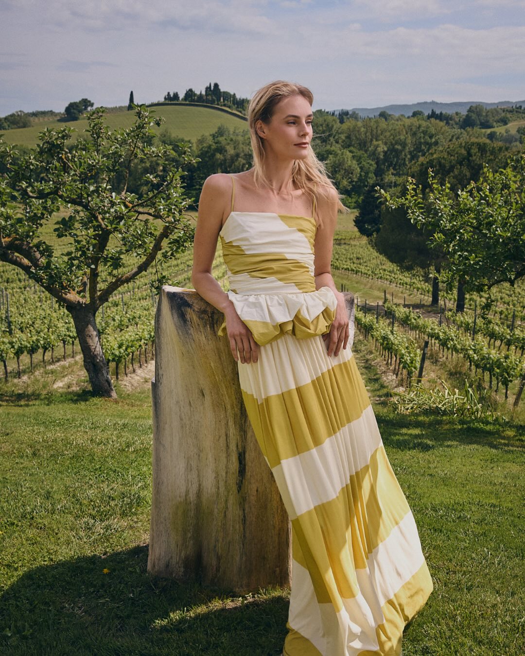Yellow and White Striped  Ruffle Maxi Dress Set