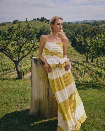 Yellow and White Striped  Ruffle Maxi Dress Set