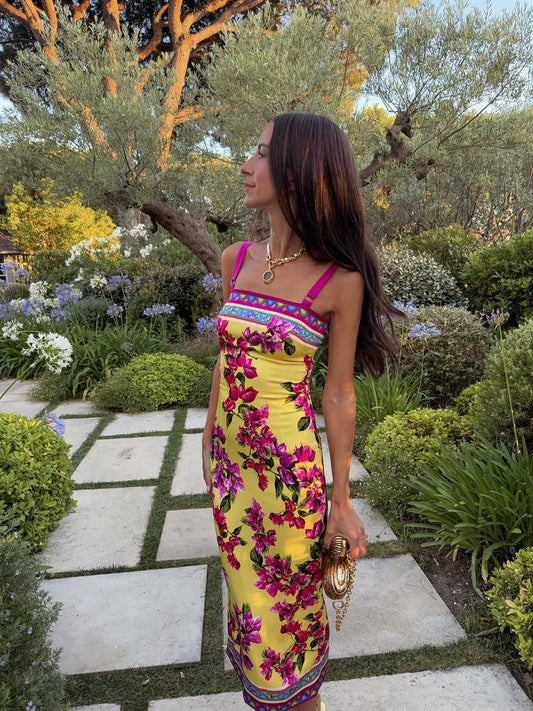 Yellow Floral Print Strapless Midi Dress