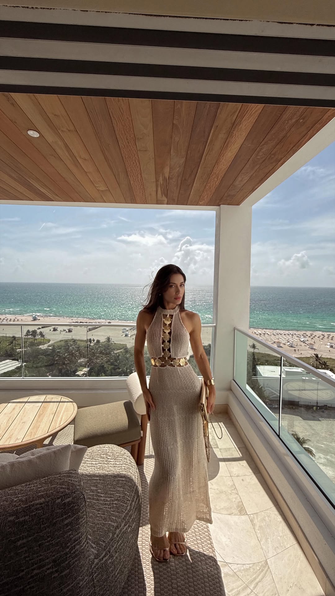 Beige Knit Halter Maxi Dress with Gold Accents