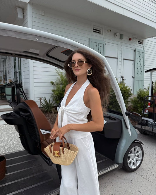 White Halter Neck Top & Wide - Leg Pants Set