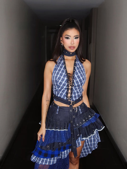 Blue Plaid Halter Top & Asymmetric Denim Skirt Set