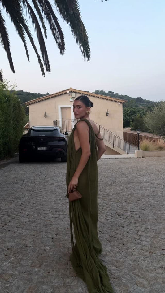 Olive Green One - Shoulder Draped Maxi Dress