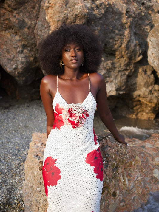 White Polka Dot Maxi Dress with Red Floral Accents