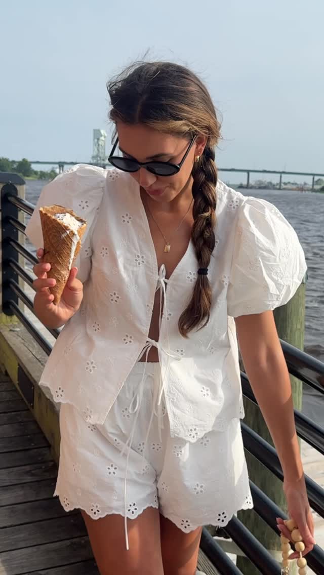 White Puff Sleeve Eyelet Embroidery Short Set