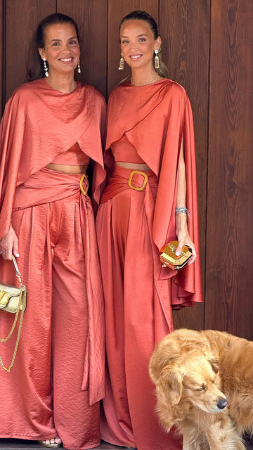 Rust - Colored Satin Set with Cape Sleeves