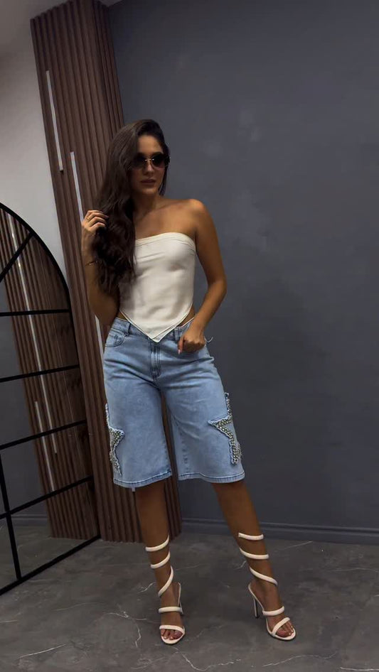 White Asymmetric Tube Top & Embellished Denim Shorts Set
