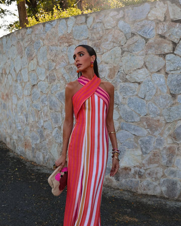 Pink & White Striped Halter Maxi Dress