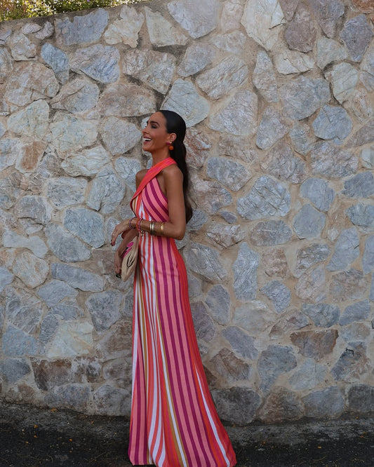 Pink & White Striped Halter Maxi Dress