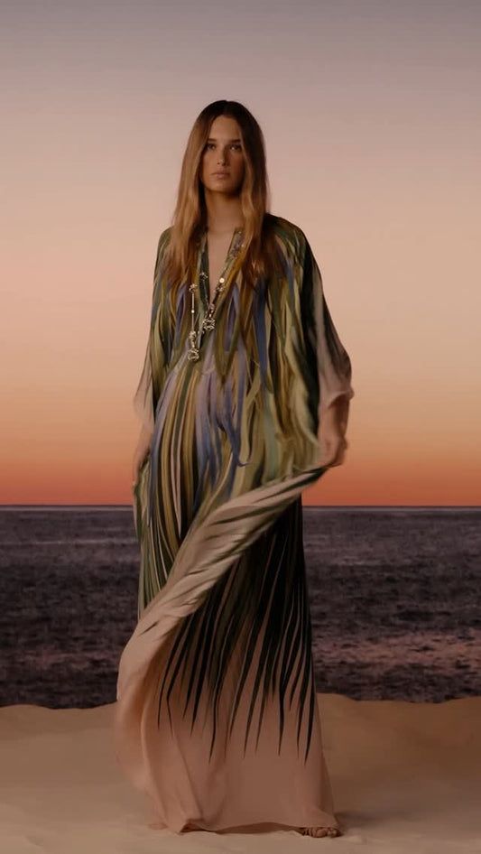 Palm Leaf Print Sheer Kaftan Maxi Dress