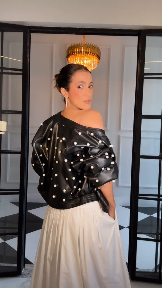 Black Pearl - Embellished Asymmetric Leather Jacket