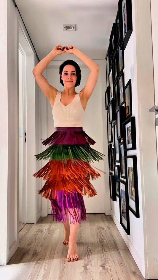 Ribbed Vest And Colorful Cringe Midi Skirt Set