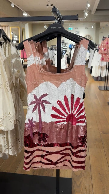 Pink Sequin Palm Tree Print Mini Dress