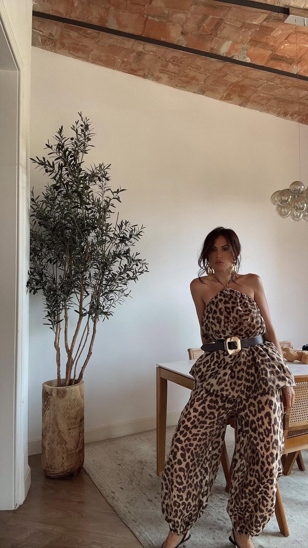 Leopard Print Halter Top & Wide - Leg Pants Set