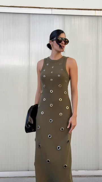 Olive Green Grommet - Detailed Maxi Dress