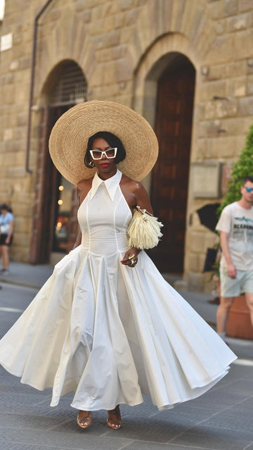 White Halter - neck Pleated Maxi Dress