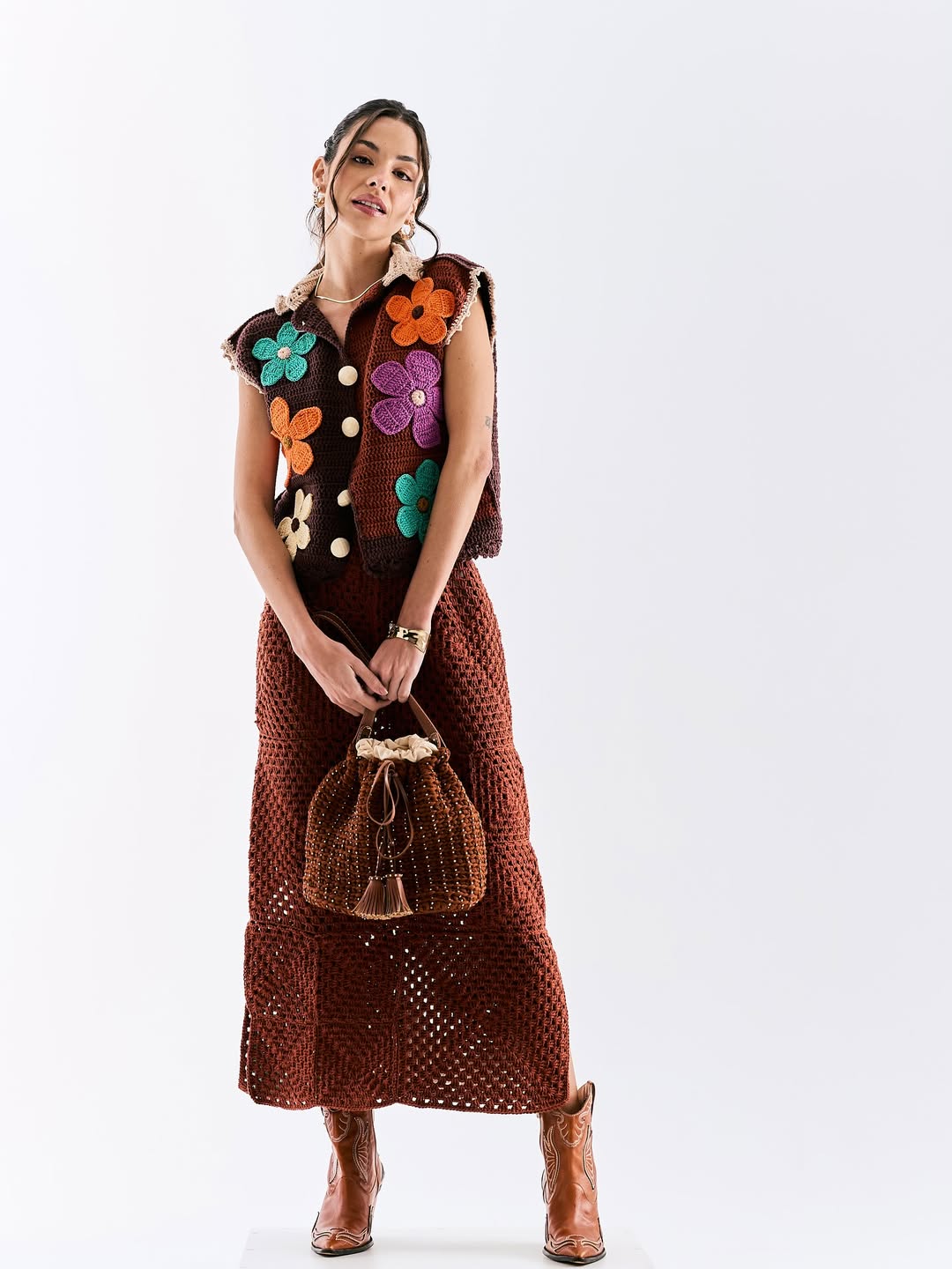 Brown Crochet Vest with Floral Embellishments and Crochet Maxi Skirt Set