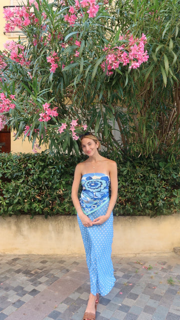 Blue Polka Dot Maxi Skirt and Off-Shoulder Printed Top Set