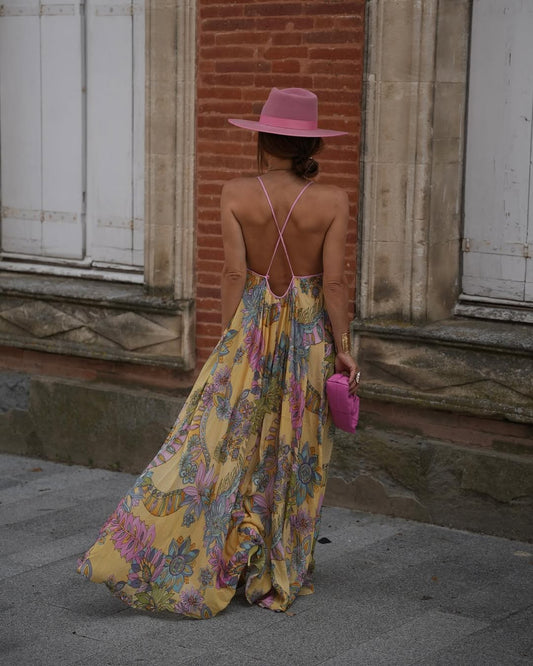 Yellow Floral Print Spaghetti - Strap Maxi Dress