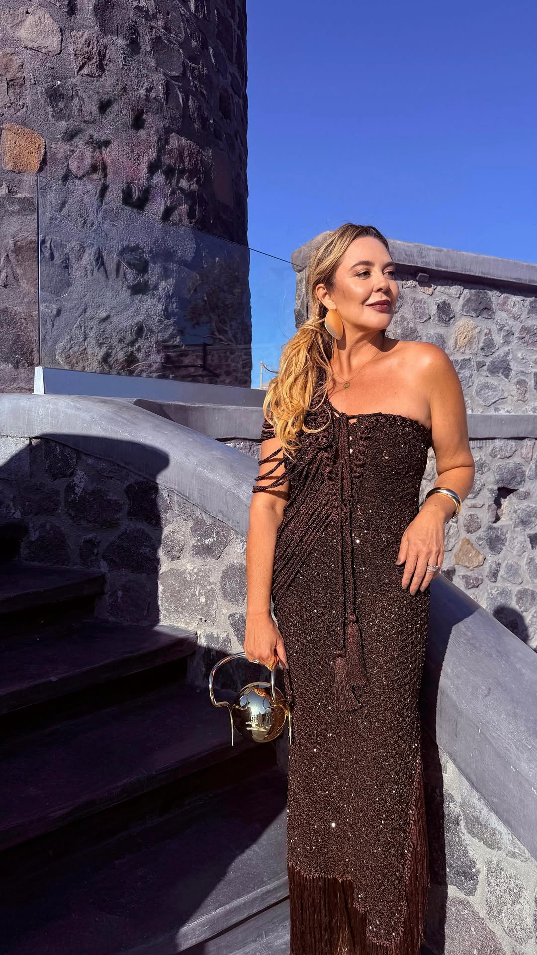 Brown One - shoulder Beaded Fringe Maxi Dress