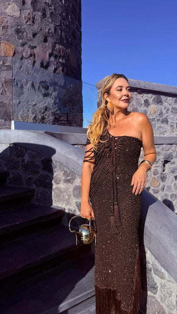 Brown One - shoulder Beaded Fringe Maxi Dress