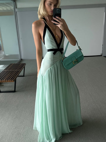 Mint Green Halter Maxi Dress with Black Trim