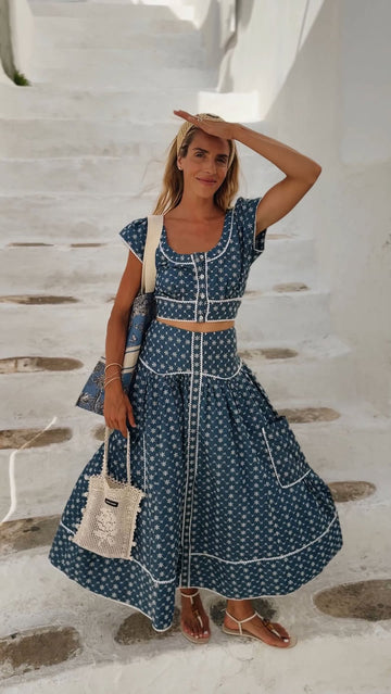 Navy Blue and White Print Crop Top and Maxi Skirt Set
