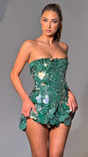 Emerald Green Sequin - Disc Strapless Mini Dress