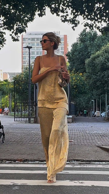 Gold Spaghetti Strap Top and Wide - leg Pants Set