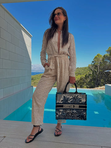 Beige Embroidered Top and Trousers Set