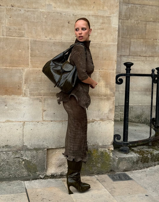Brown Suede High - Neck Top and Midi Skirt Set