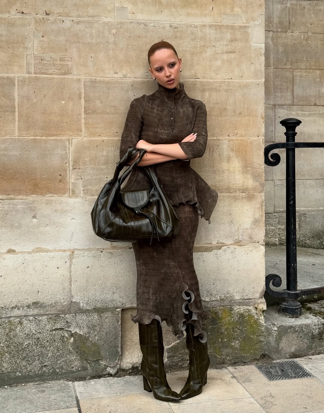 Brown Suede High - Neck Top and Midi Skirt Set