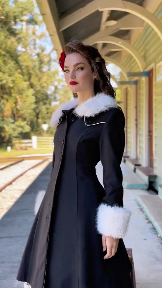 Vintage - inspired Black Coat with Fur Trim