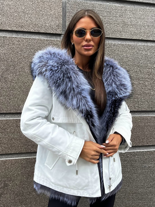 White Parka with  Fur Trim