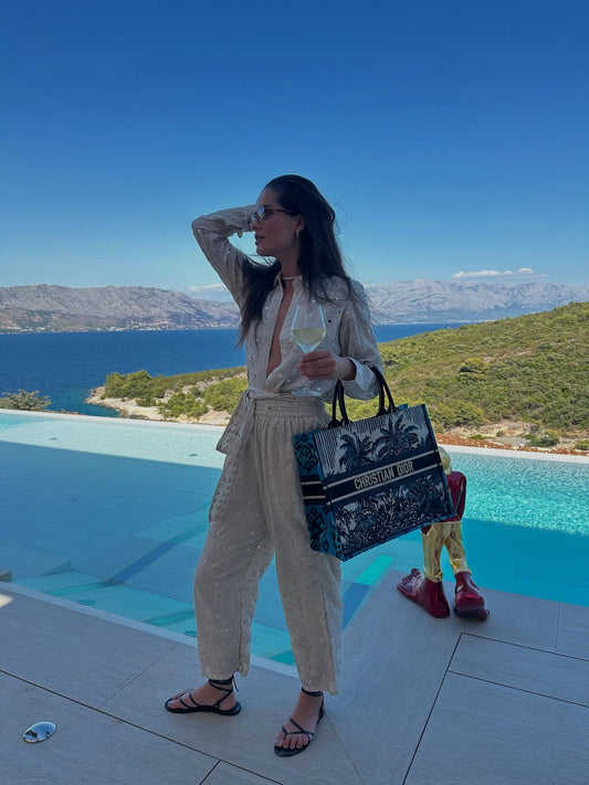 Beige Embroidered Top and Trousers Set