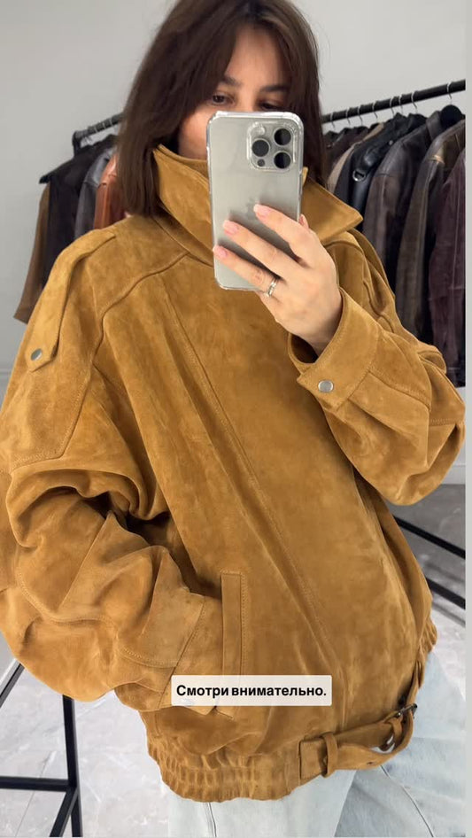 Mustard - colored Suede Moto Jacket