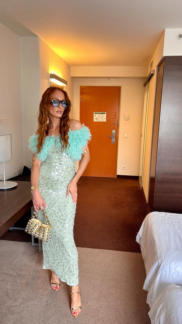 Turquoise Sequin Off - the - Shoulder Dress